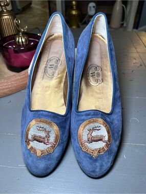 Wathne Italy Blue Suede Ballet Flats Embroidered Deer Slip-On Women’s US 9.5 M